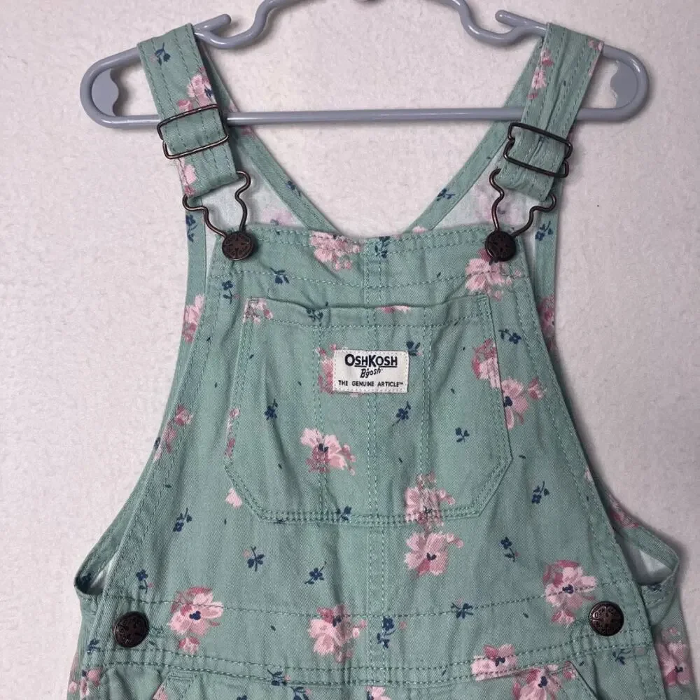 Oshkosh Floral Overalls 5T Girls Mint Coveralls Cotton Outdoors Cute